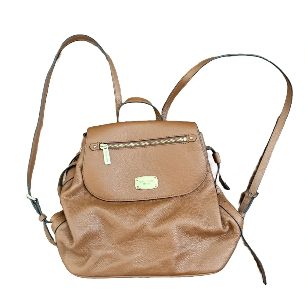 Michael Kors Pebbled Leather Flap Backpack in Tan